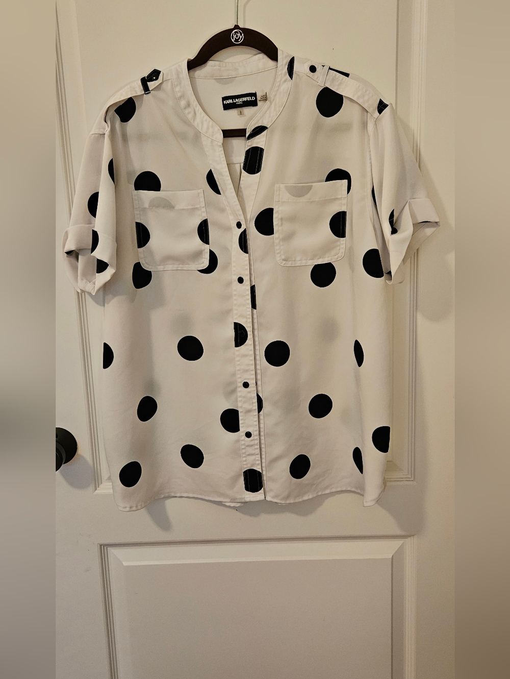 Karl Lagerfeld White and Black Polka Dot Button-Down Blouse - Large